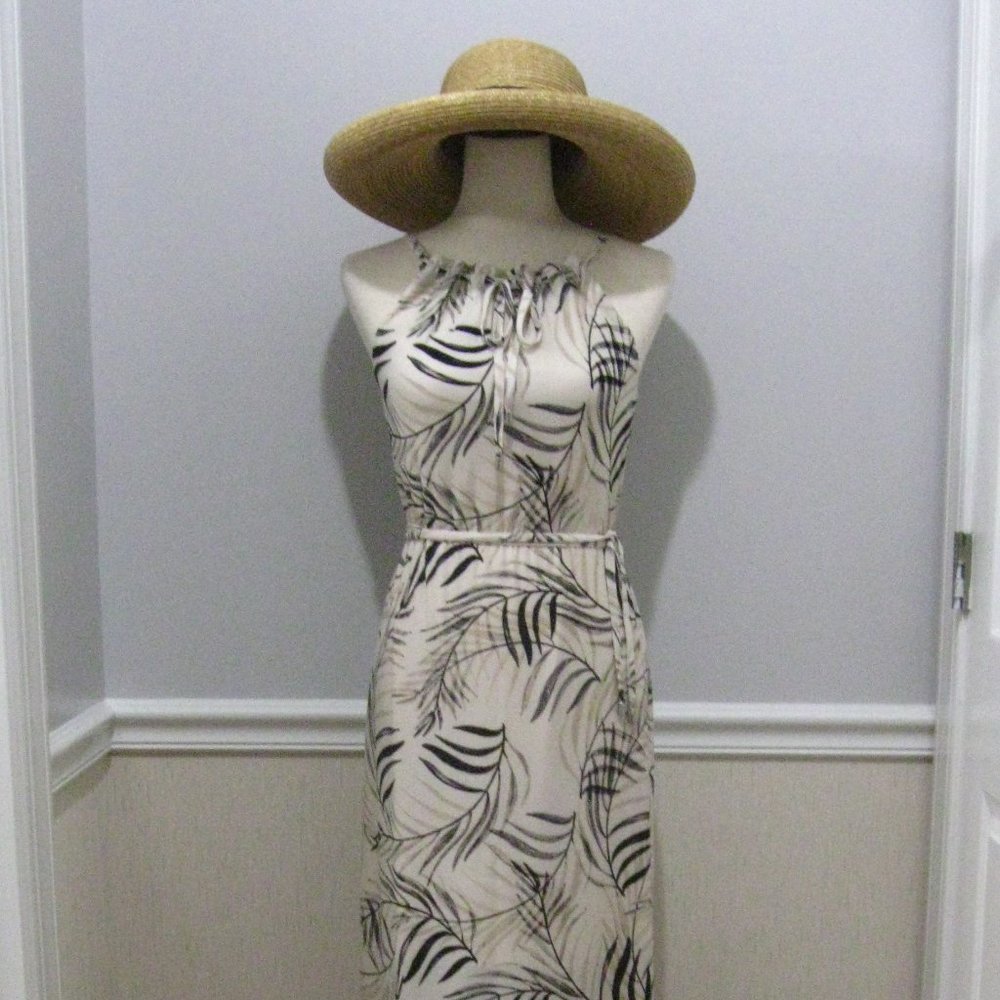 Drawstring Neckline Maxi Sundress Ivory Beige Tropical Print sz S